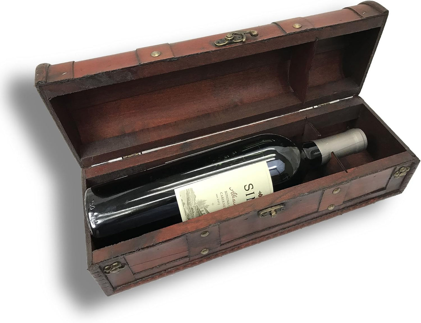 Treasure Chest Style Wooden Wine Bottle Box with Antique Finish