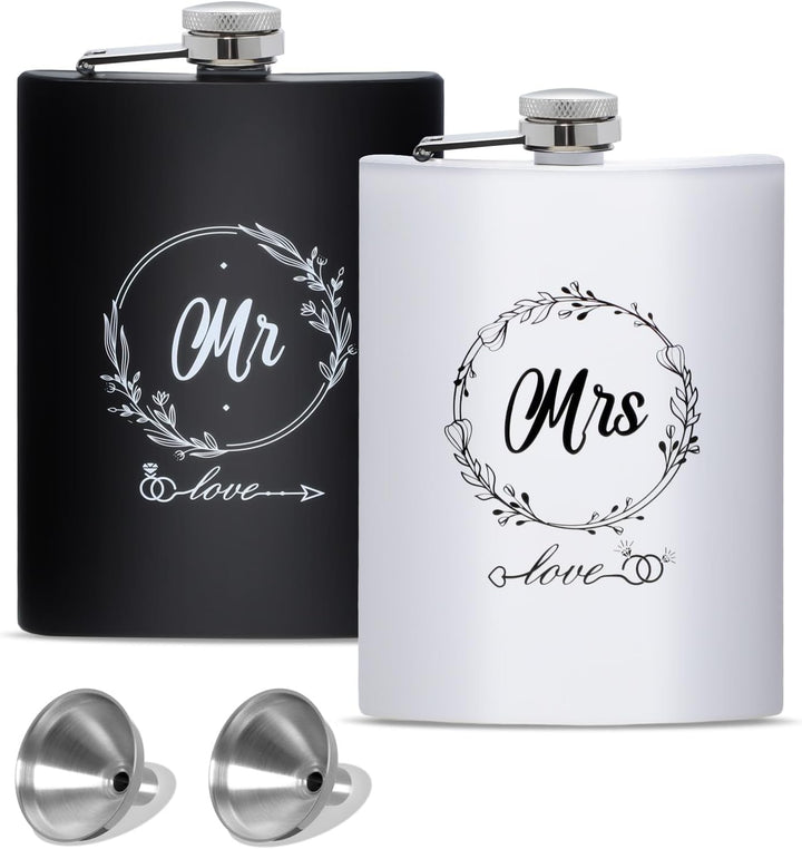 Mr and Mrs matte black and white stainless steel hip flask set with funnels – floral wreath design