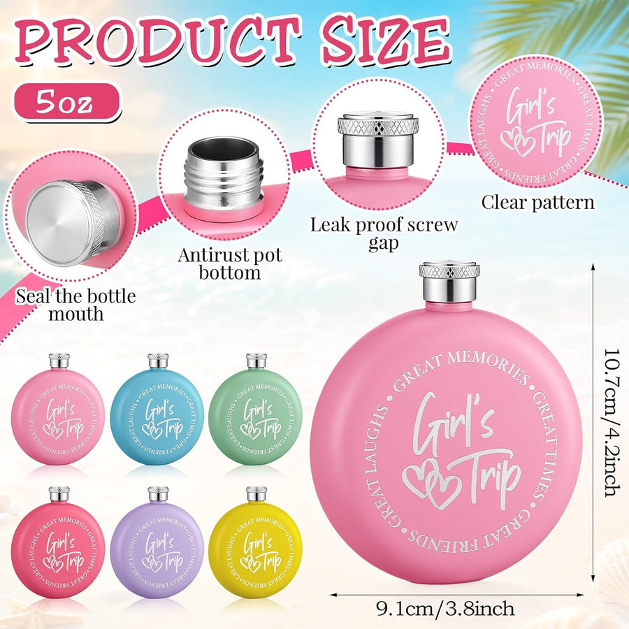 Girl's Trip round stainless steel flask set in 6 pastel colors – pink, blue, green, hot pink, lavender, yellow
