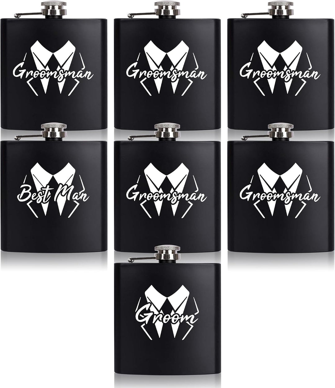 Groomsman tuxedo design 6oz matte black stainless steel hip flask with gift box – size dimensions shown