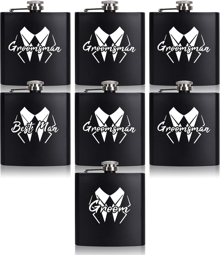 Groomsman tuxedo design 6oz matte black stainless steel hip flask with gift box – size dimensions shown