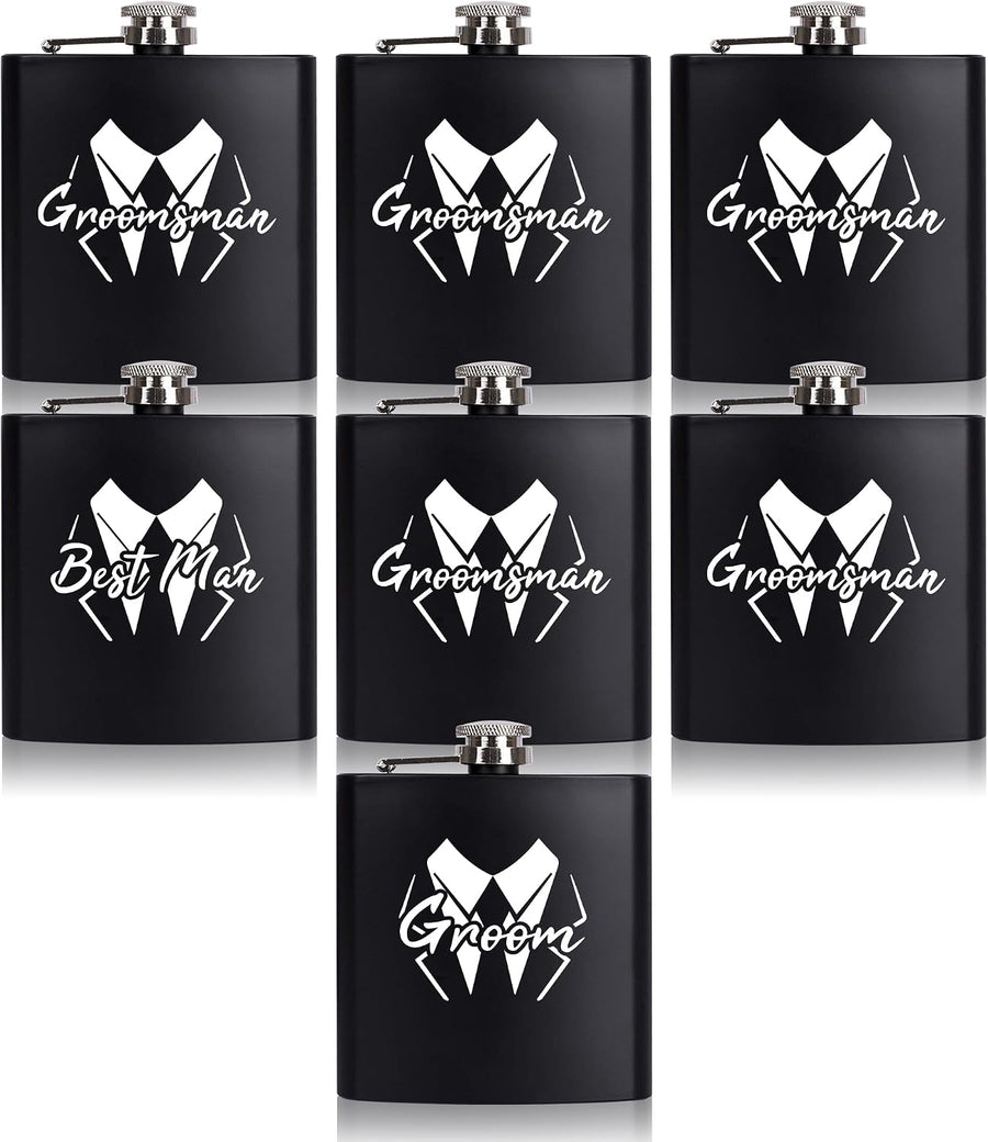 Groomsman tuxedo design 6oz matte black stainless steel hip flask with gift box – size dimensions shown