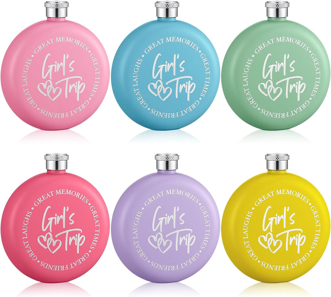 Girl's Trip round flask product size chart – 5oz, 4.2 inch H x 3.8 inch W, leak proof screw cap with funnel