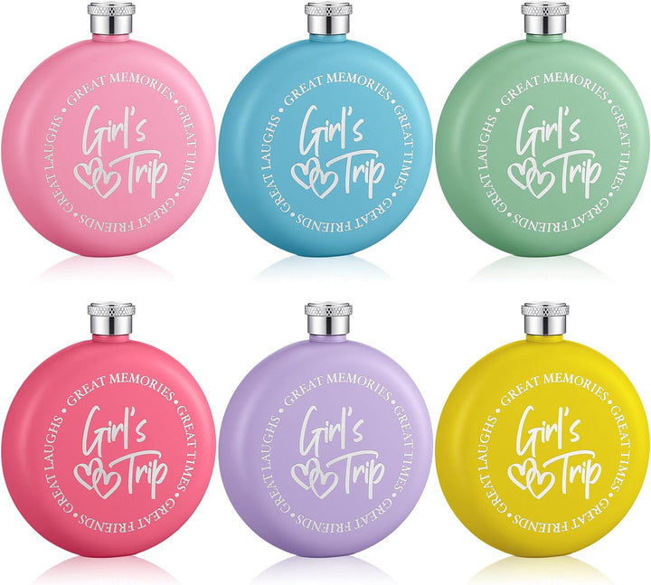 Girl's Trip round flask product size chart – 5oz, 4.2 inch H x 3.8 inch W, leak proof screw cap with funnel