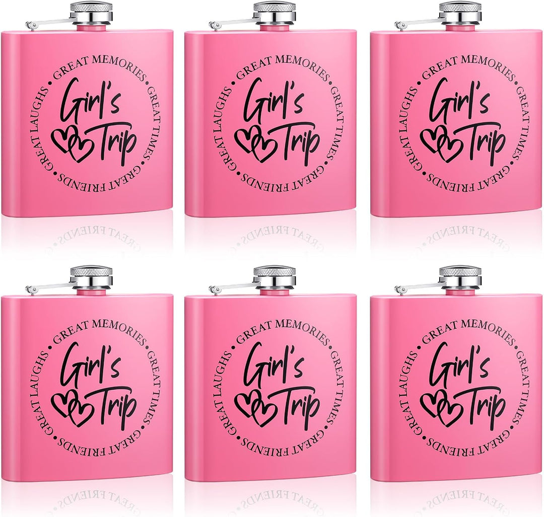 "Girl's Trip!" Pink Stainless Steel Flask Set of Six with Funnels