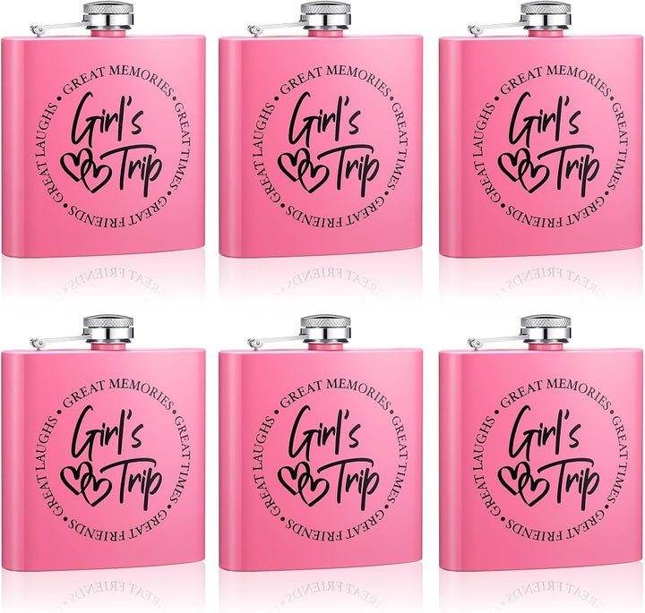 "Girl's Trip!" Pink Stainless Steel Flask Set of Six with Funnels
