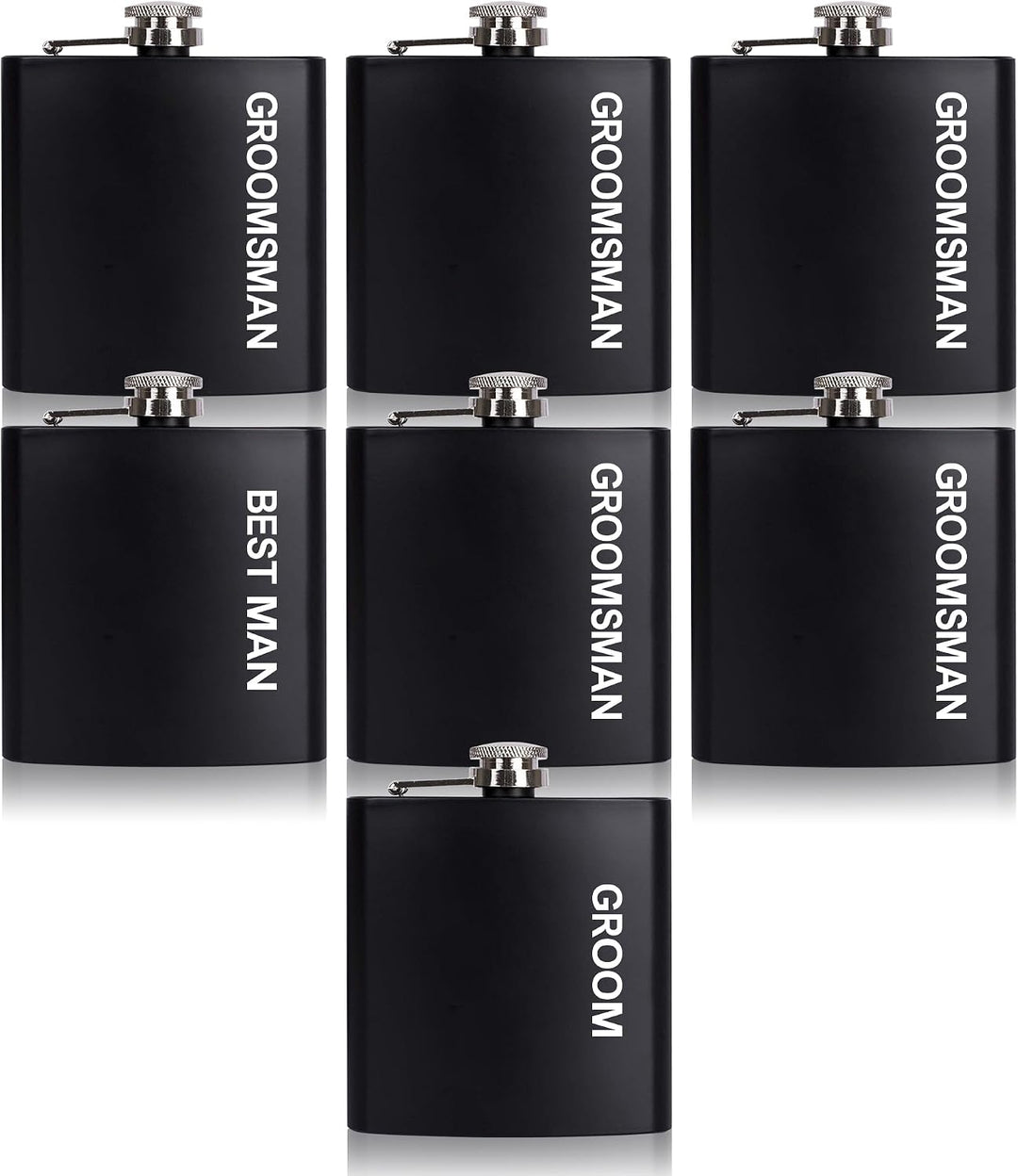 7-pack bold block text groomsman hip flask set showing Groom, Best Man, and Groomsman flasks