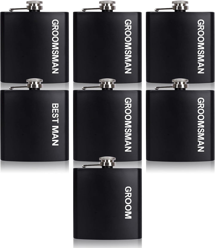 7-pack bold block text groomsman hip flask set showing Groom, Best Man, and Groomsman flasks