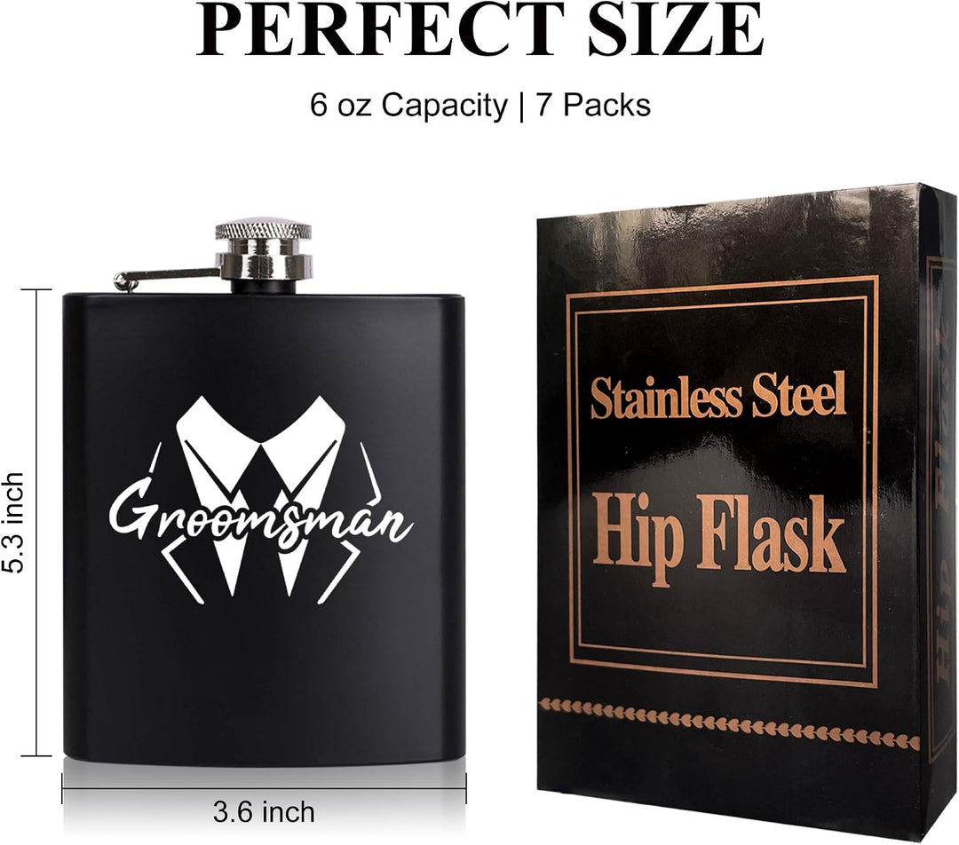 7-pack tuxedo design groomsman hip flask set – Groom, Best Man, and Groomsman script flasks