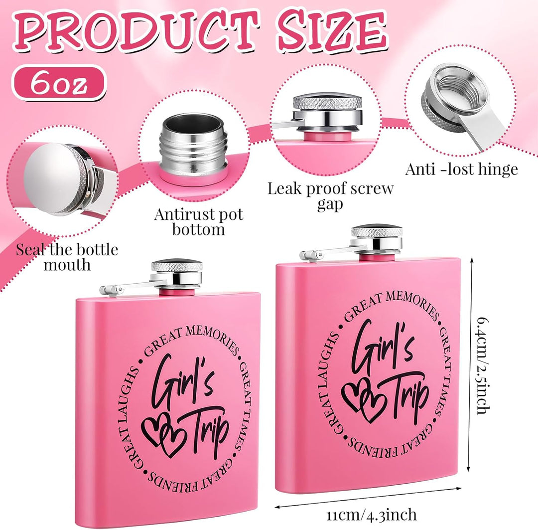 "Girl's Trip!" Pink Stainless Steel Flask Set of Six with Funnels