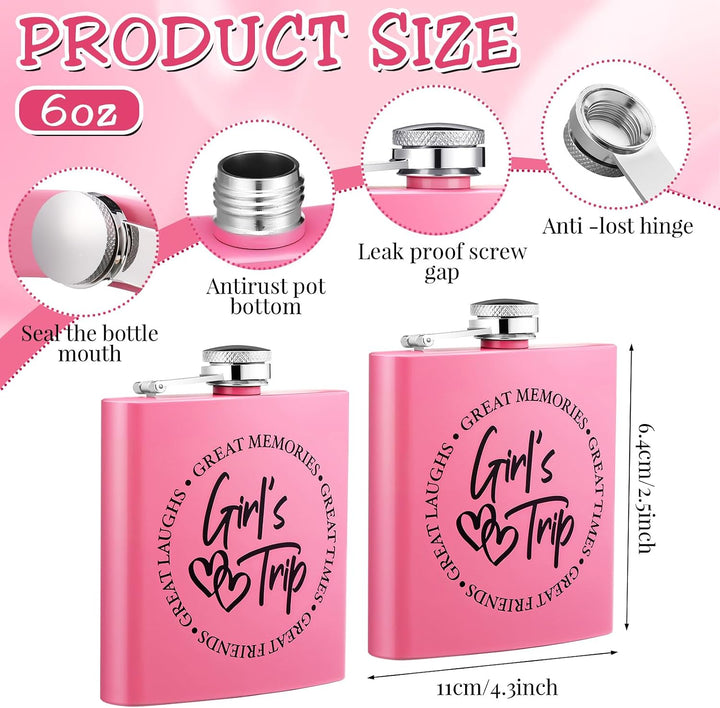 "Girl's Trip!" Pink Stainless Steel Flask Set of Six with Funnels