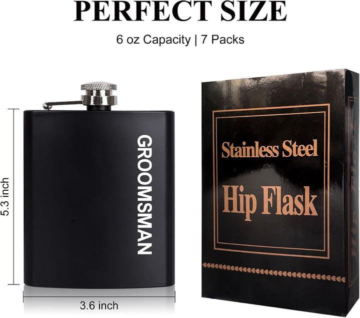 Groomsman bold block text 6oz matte black stainless steel hip flask with gift box – size dimensions shown