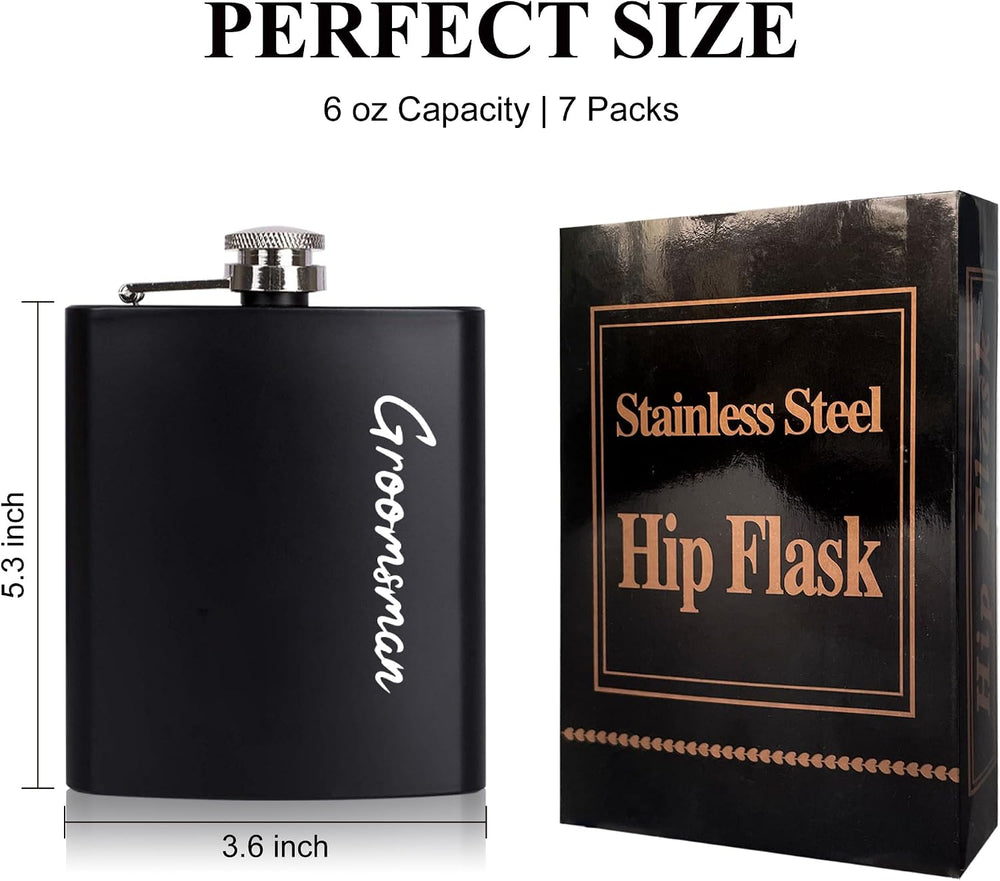 Groomsman 6oz matte black stainless steel hip flask with gift box – size dimensions shown