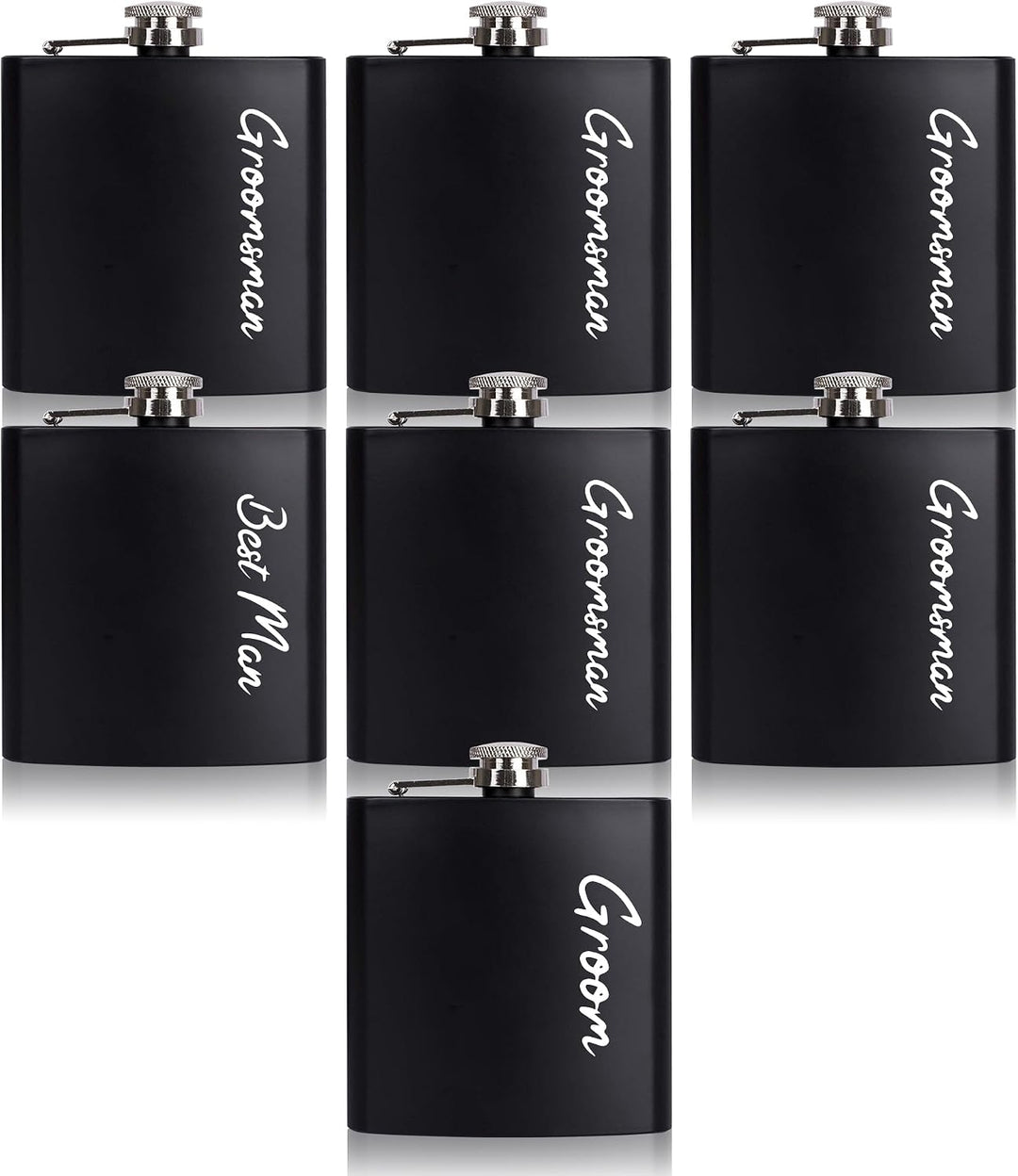 7-pack groomsman hip flask set showing Groom, Best Man, and Groomsman script flasks