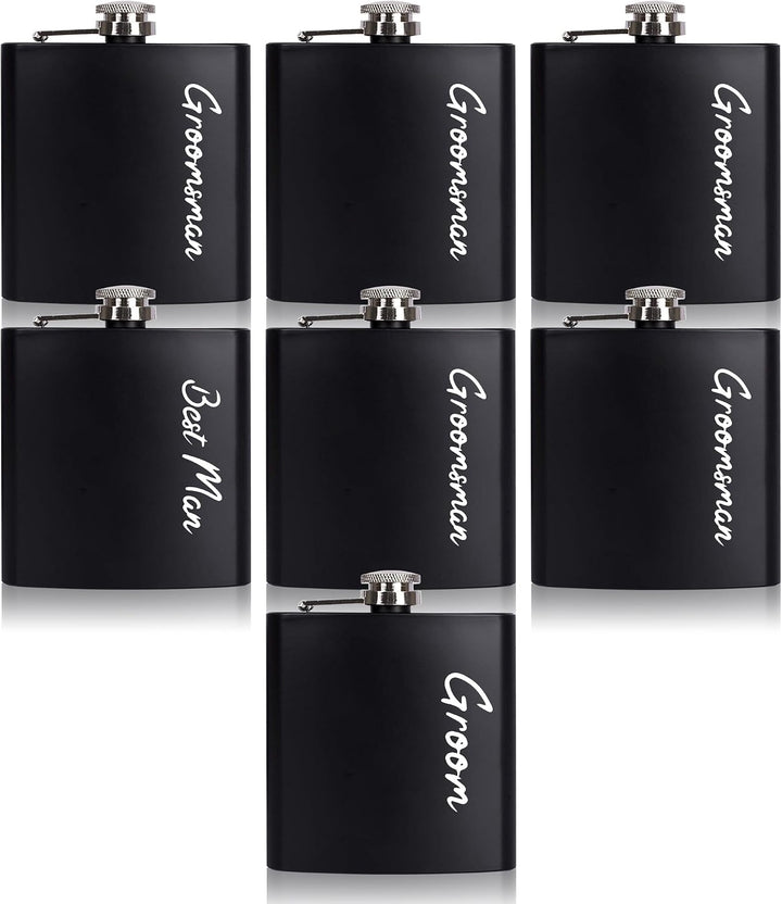 7-pack groomsman hip flask set showing Groom, Best Man, and Groomsman script flasks