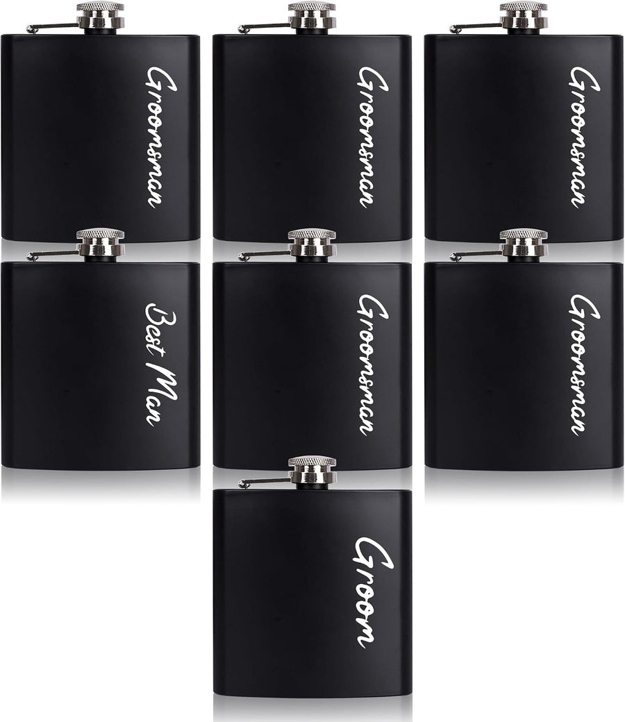 7-pack groomsman hip flask set showing Groom, Best Man, and Groomsman script flasks
