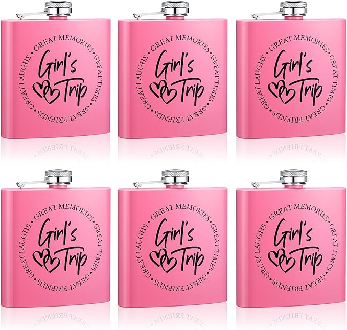 "Girl's Trip!" Pink Stainless Steel Flask Set of Six - Bottles2Gift