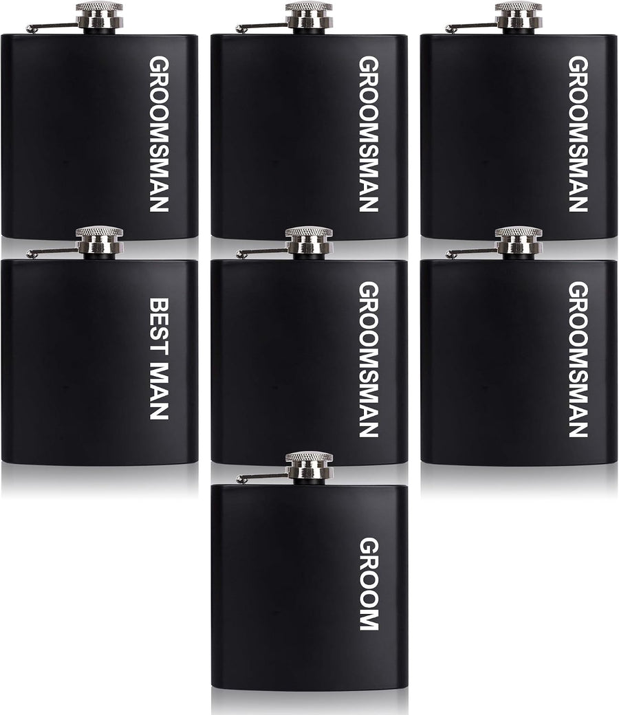 Groomsman Hip Flask Set – Bold Block Text 7 Pack (Groom, Best Man & Groomsmen) - Bottles2Gift