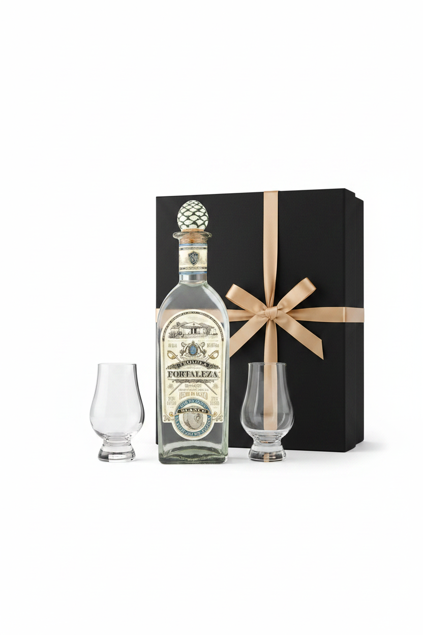 Fortaleza Blanco Tequila bottle with two Glencairn glasses and black gift box with golden bow on white background