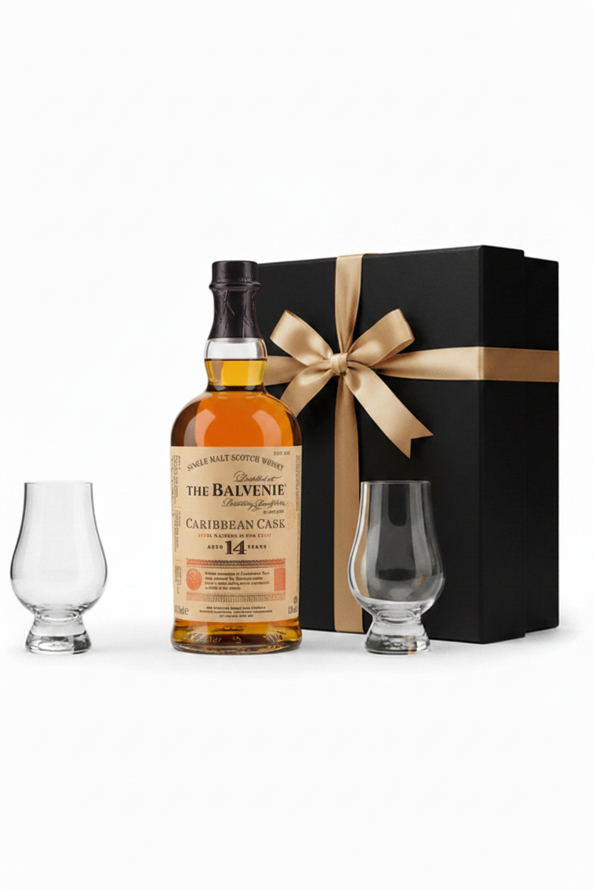 The Balvenie Caribbean Cask 14 Year Old Single Malt Scotch Whisky bottle with 2 Glencairn glasses and black gift box with gold ribbon bow on white background