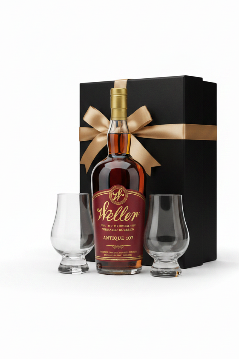 W.L. Weller Antique 107 Proof Kentucky Straight Bourbon bottle with 2 Glencairn glasses and black gift box with gold ribbon bow on white background