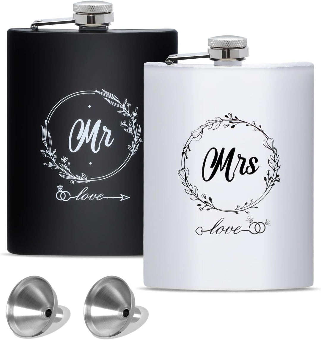 Mr & Mrs Hip Flask Set – Couples Wedding Gift (2 Pack with Funnels) - Bottles2Gift