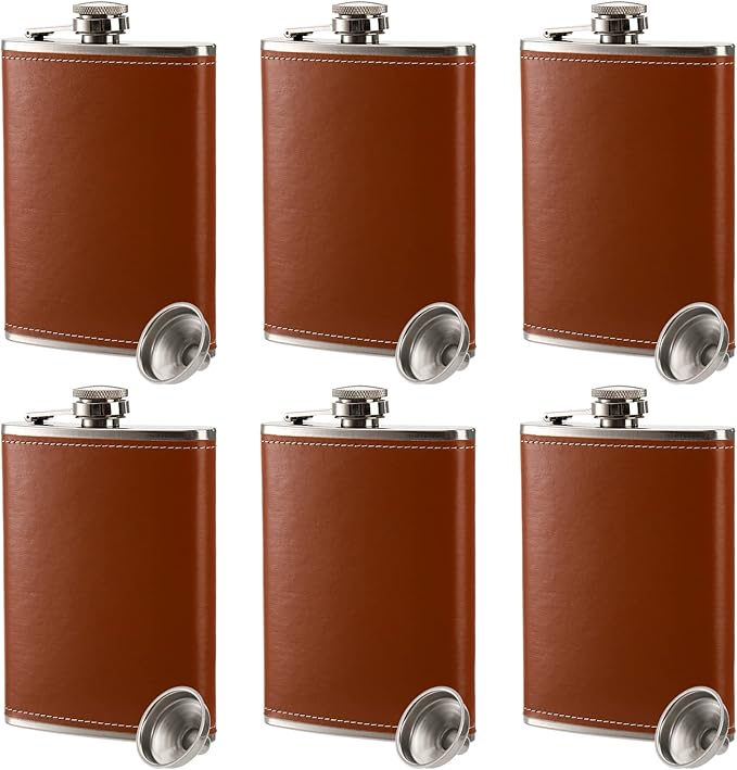 Personalized Leather - Wrapped Stainless Steel Flask Set of Six - Bottles2Gift