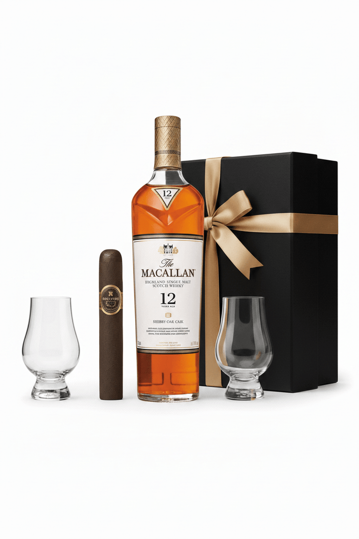 The Macallan 12 Year Sherry Oak 750ml Gift Set W/Gift Box+Glasses+Cigar - Bottles2Gift
