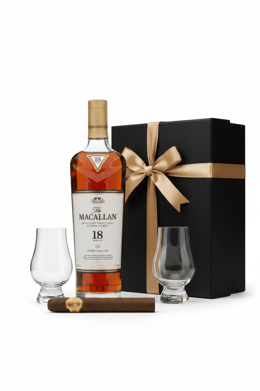 The Macallan Single Malt Scotch Luxury 750ml Gift Set W/Gift Box+Glasses+Cigar - Bottles2Gift