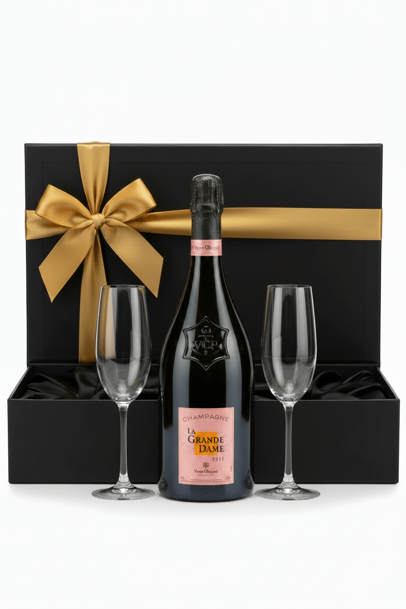Veuve Clicquot La Grande Dame Brut Rosé Champagne Gift Box W/ 2 Champagne Flutes - Bottles2Gift
