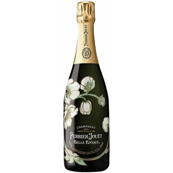 Perrier-Jouët Belle Époque Brut Champagne bottle with hand-painted white anemone flowers on dark green glass